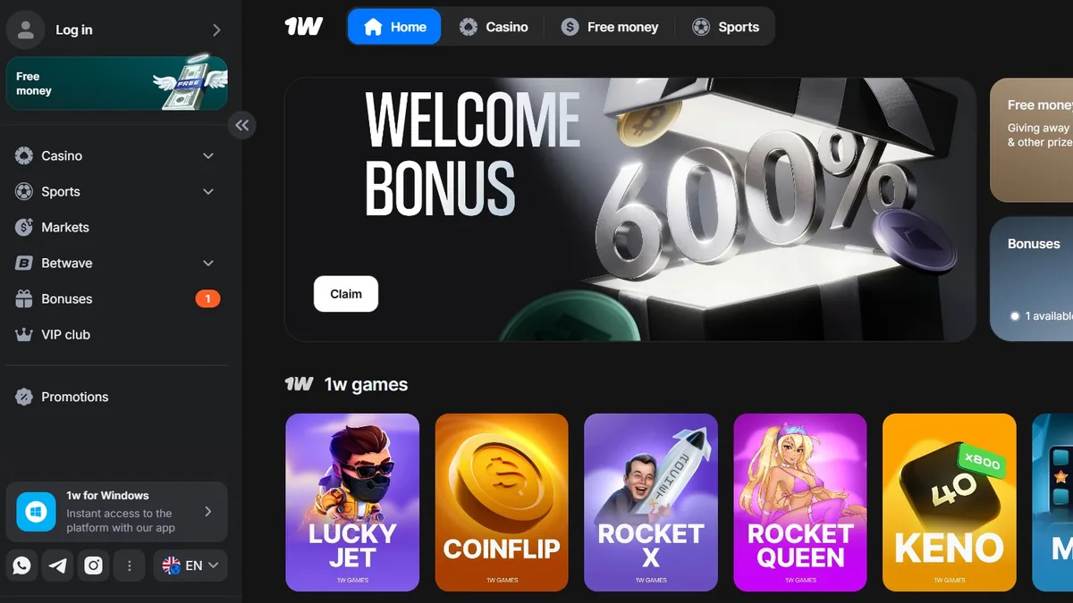 Screenshot of the 1win crypto casino homepage.