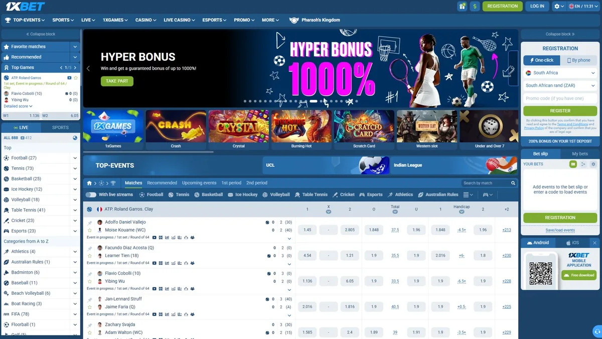 Screenshot of the 1xBet crypto casino homepage.
