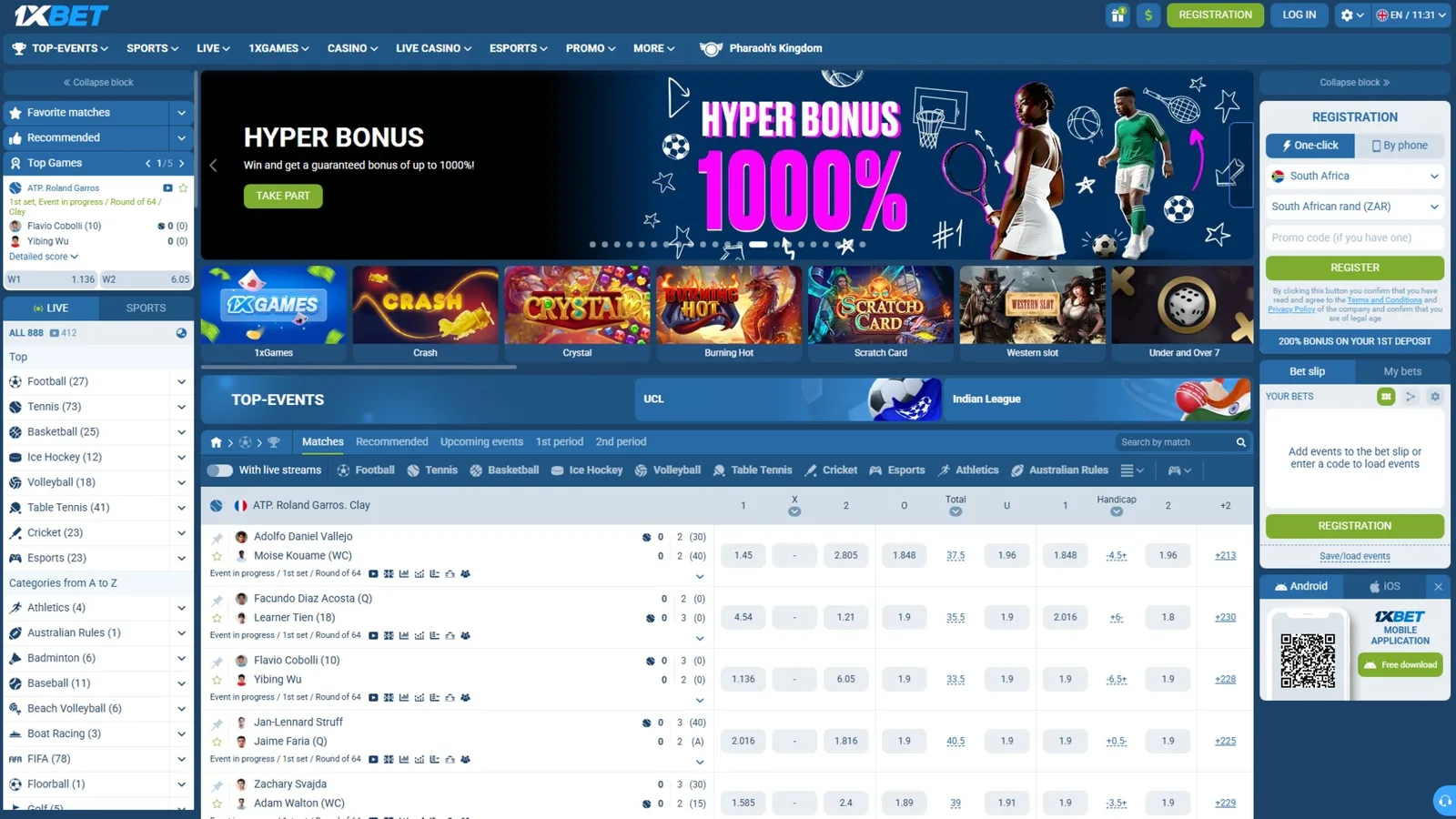 Screenshot of the 1xBet crypto casino homepage, 2026. Source: operator website.