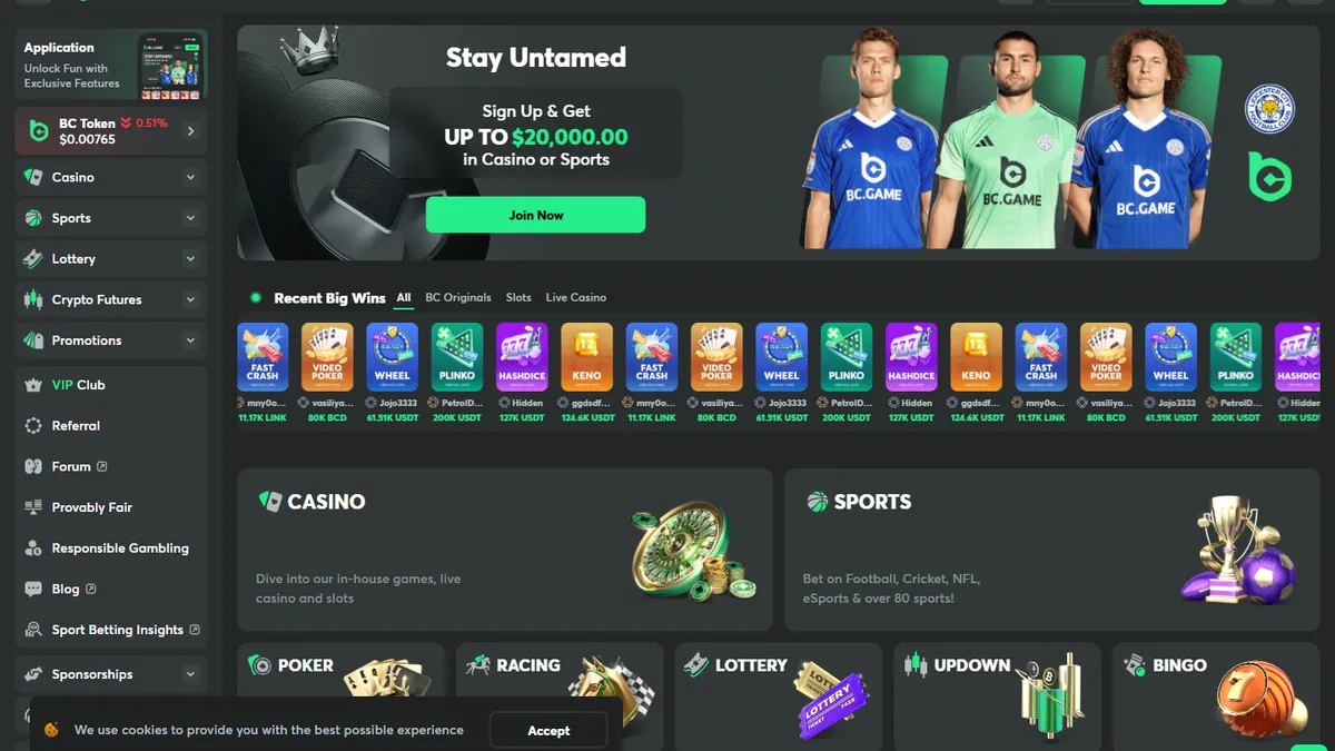 Screenshot of the BC.Game crypto casino homepage.
