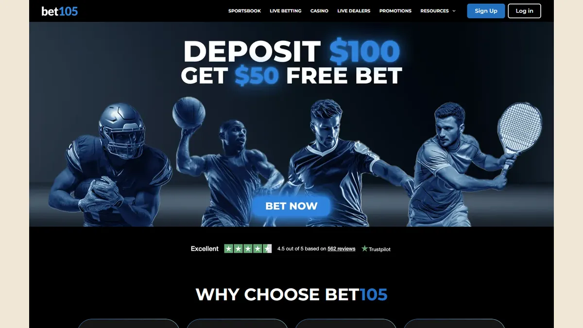 Screenshot of the Bet105 crypto casino homepage.