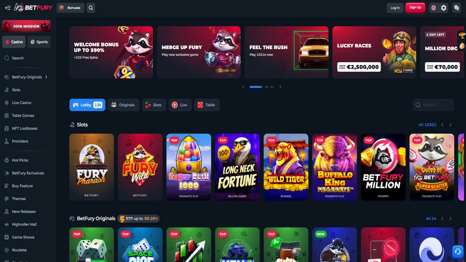 Screenshot of the Betfury crypto casino homepage, 2026. Source: operator website.