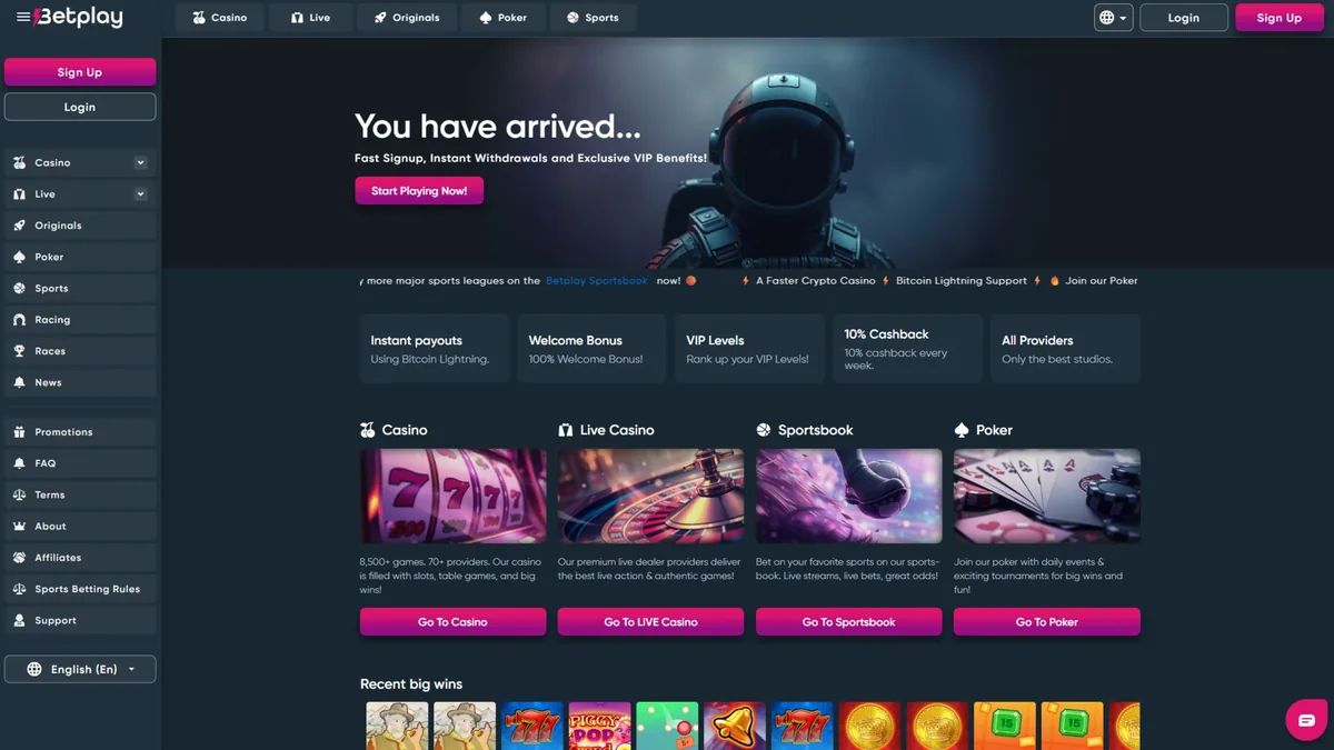 Screenshot of the Betplay crypto casino homepage.