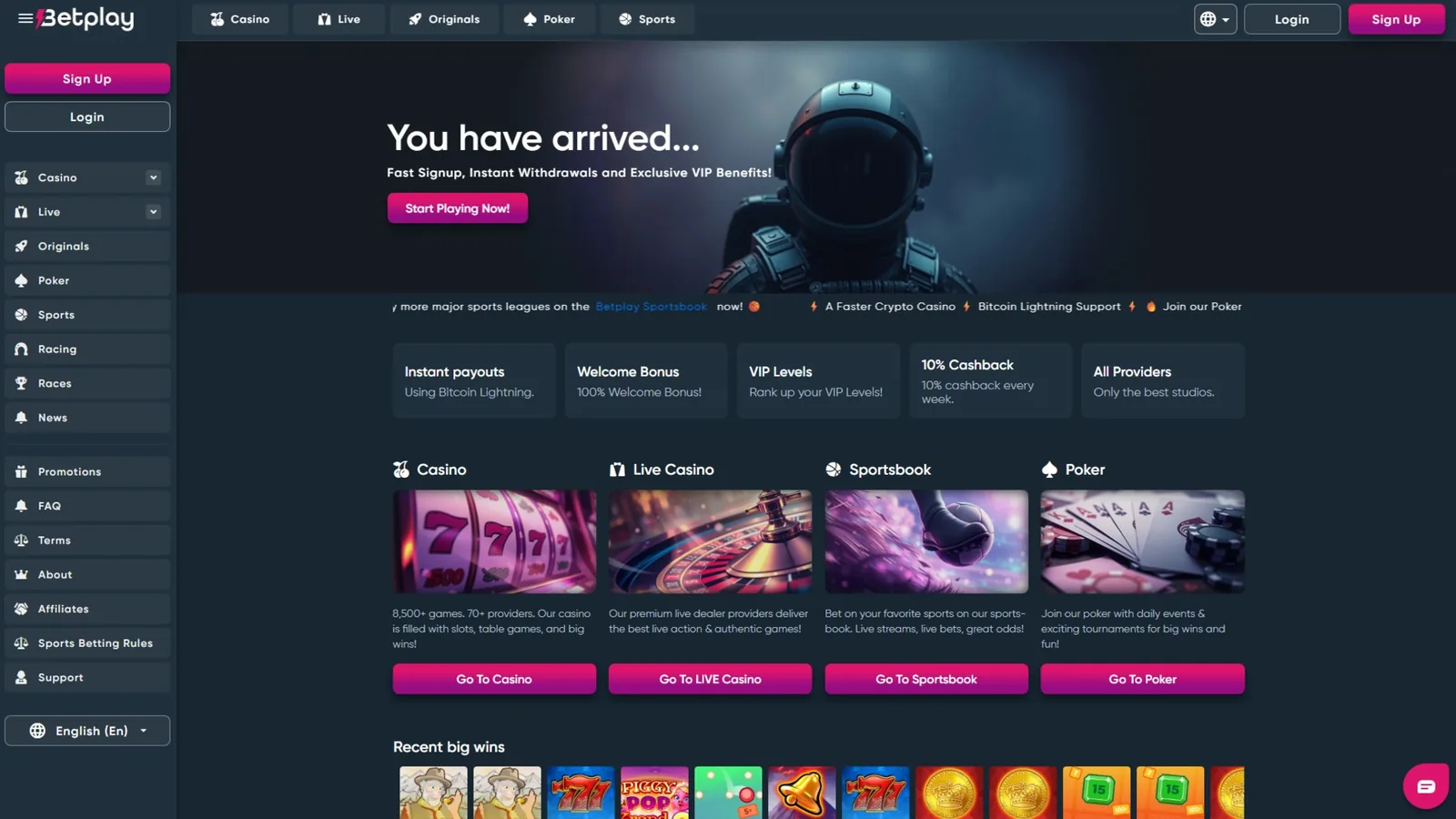 Screenshot of the Betplay crypto casino homepage, 2026. Source: operator website.