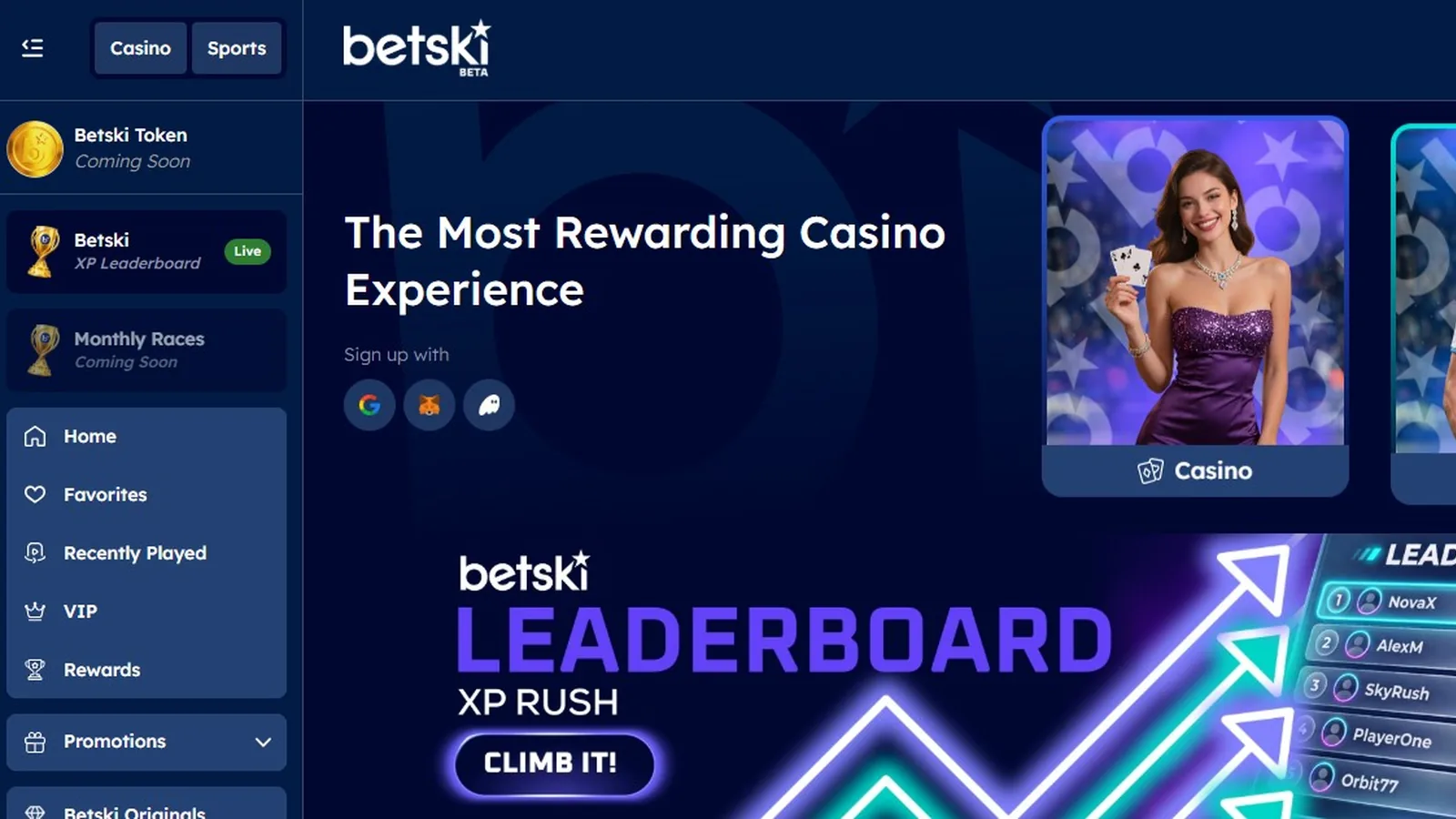 Screenshot of the betski crypto casino homepage, 2026. Source: operator website.
