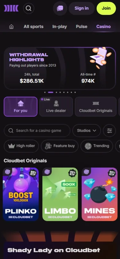 Mobile view of Cloudbet