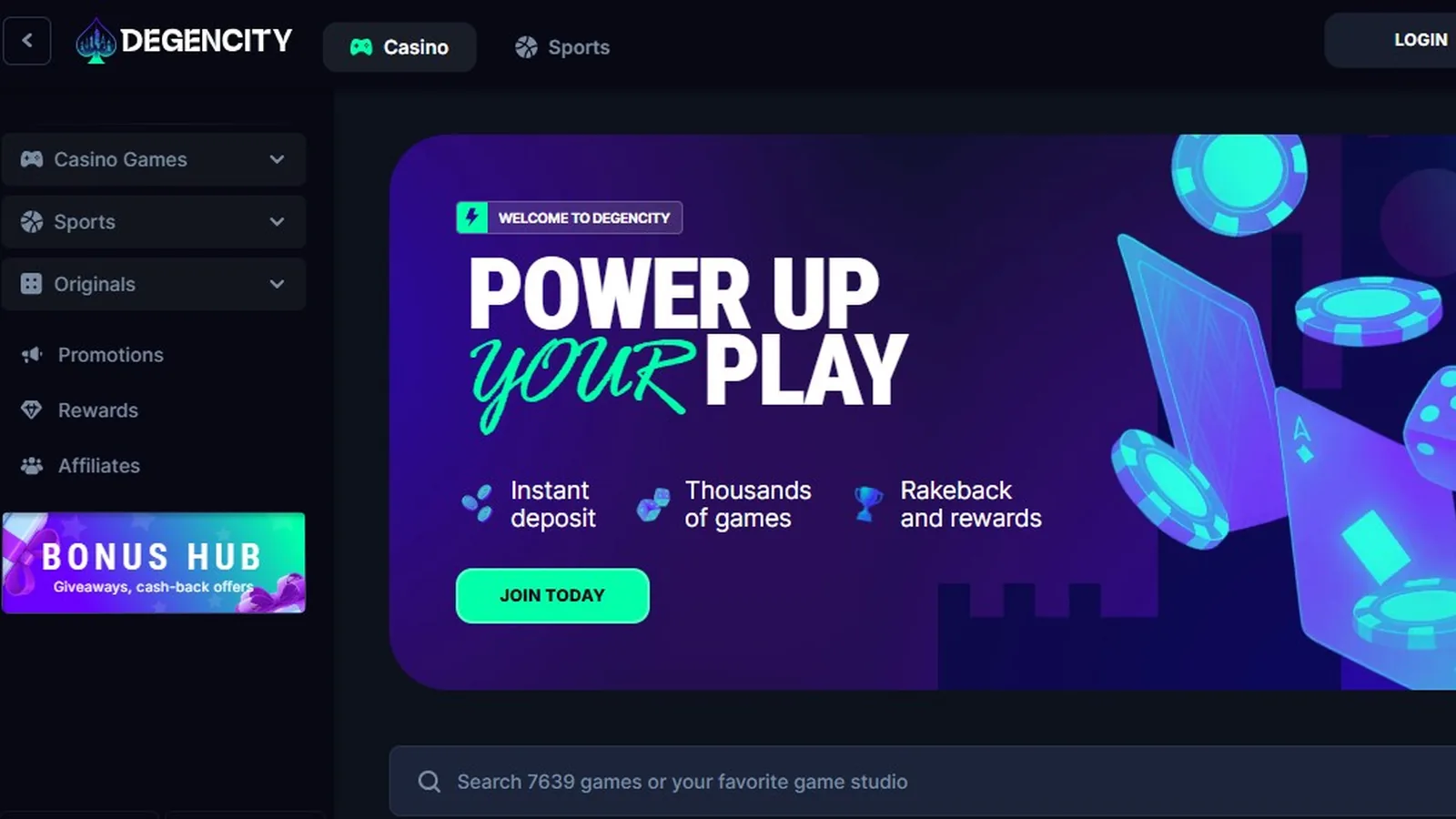 Screenshot of the Degencity crypto casino homepage, 2026. Source: operator website.