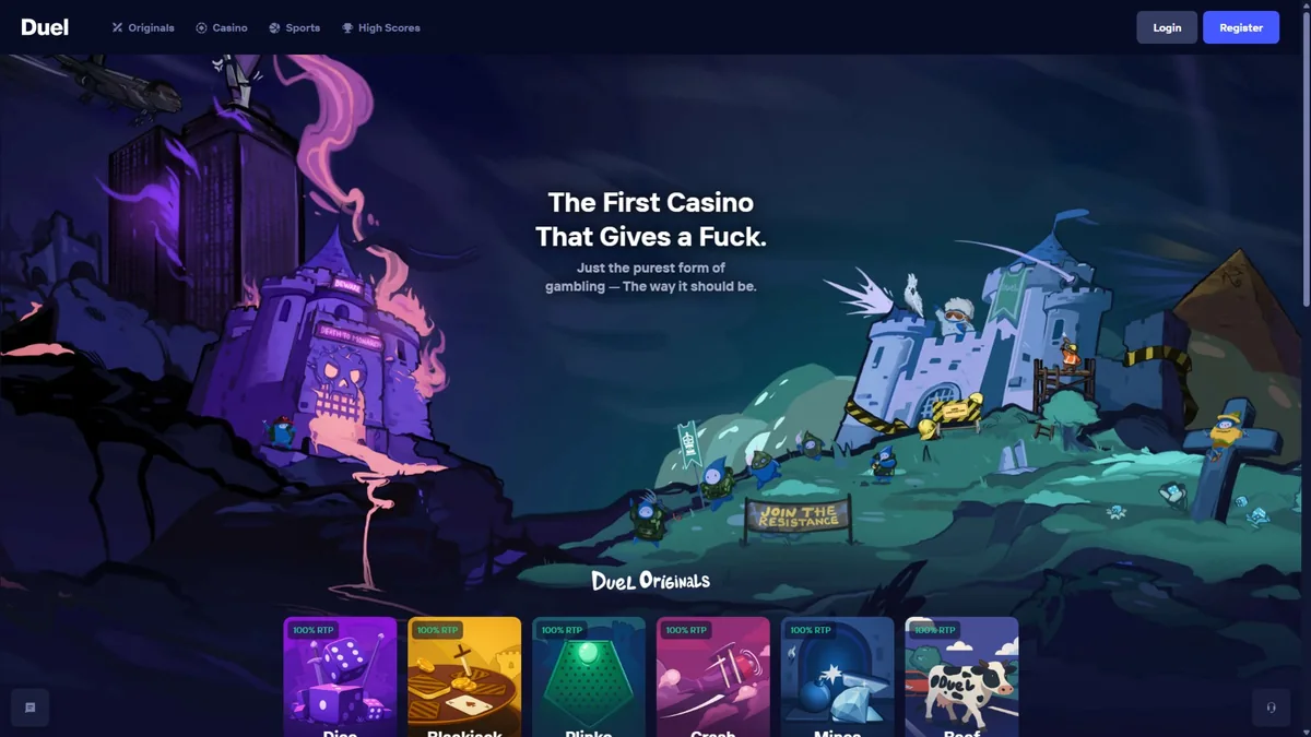 Screenshot of the Duel crypto casino homepage.