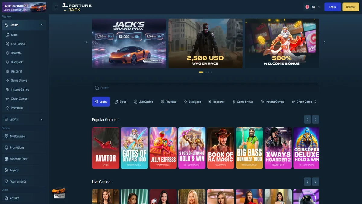 Screenshot of the FortuneJack crypto casino homepage.