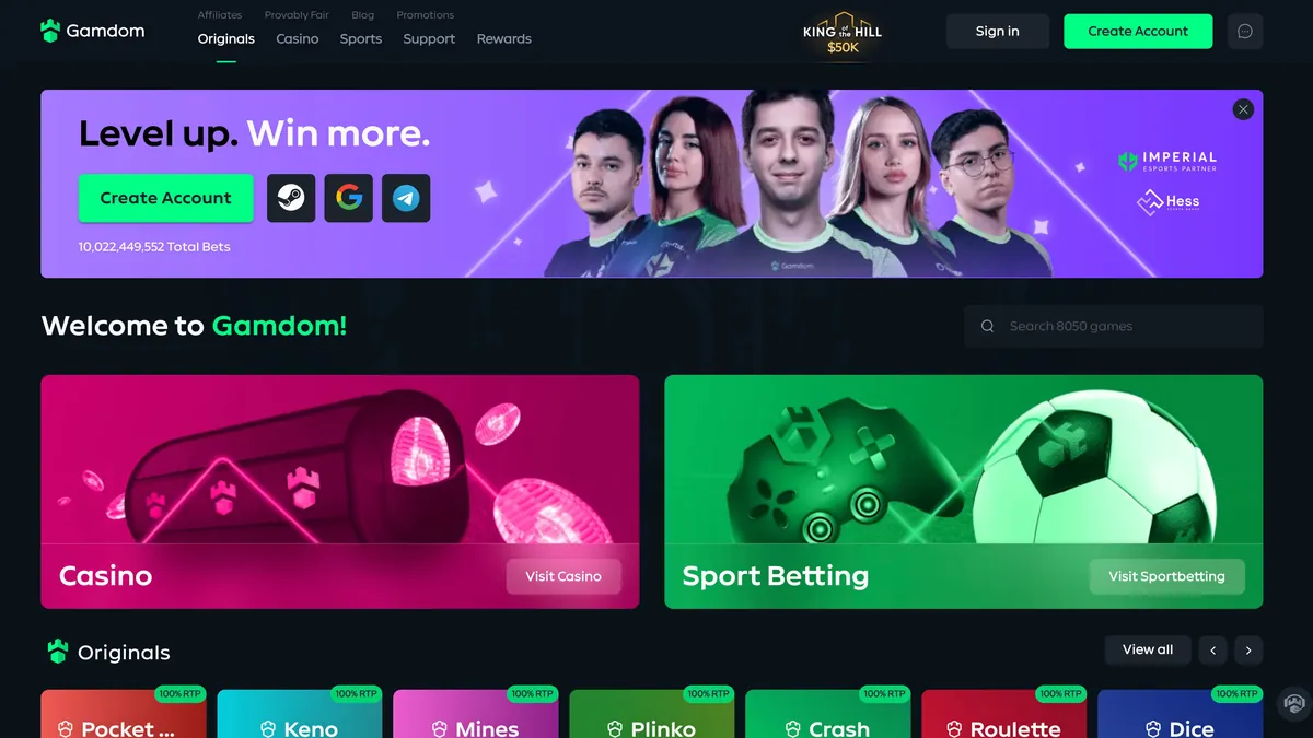 Screenshot of the Gamdom crypto casino homepage.