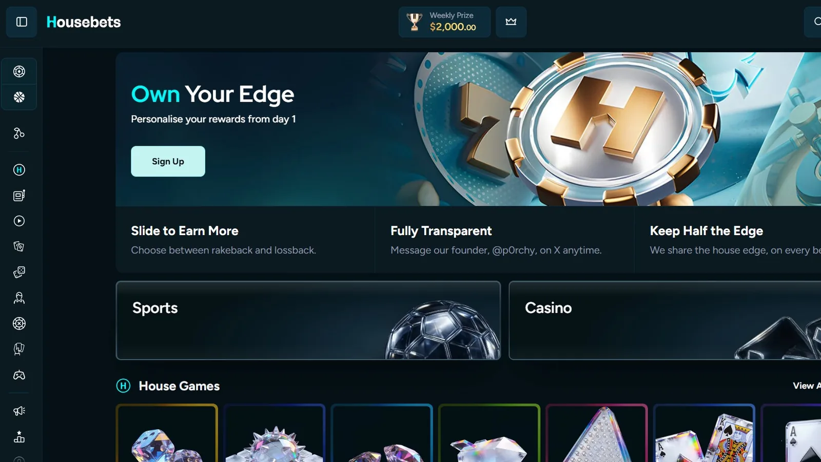 Screenshot of the Housebets crypto casino homepage, 2026. Source: operator website.