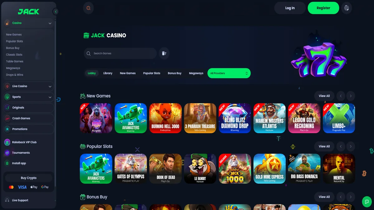 Screenshot of the Jack crypto casino homepage.