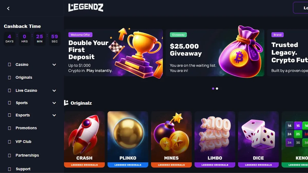 Screenshot of the Legendz crypto casino homepage.