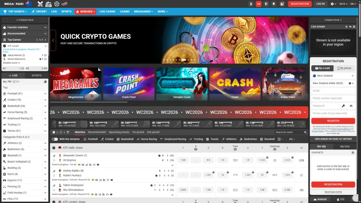 Screenshot of the Megapari crypto casino homepage.
