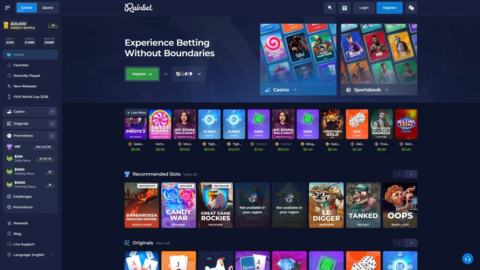 Screenshot of the Rainbet crypto casino homepage, 2026. Source: operator website.