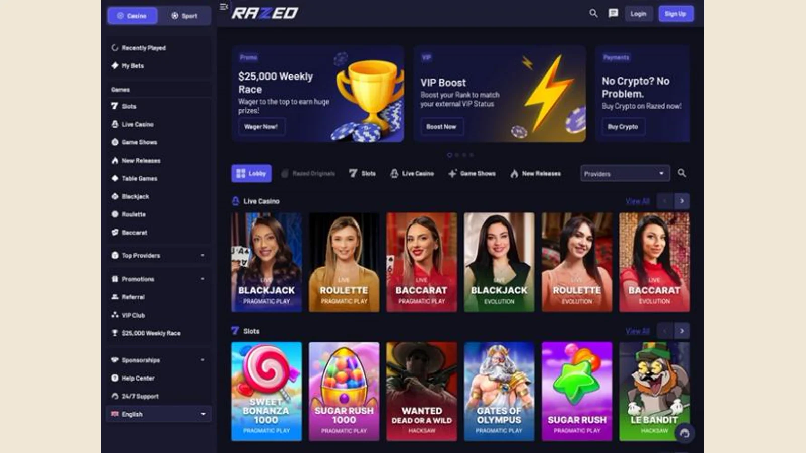 Screenshot of the Razed crypto casino homepage, 2026. Source: operator website.
