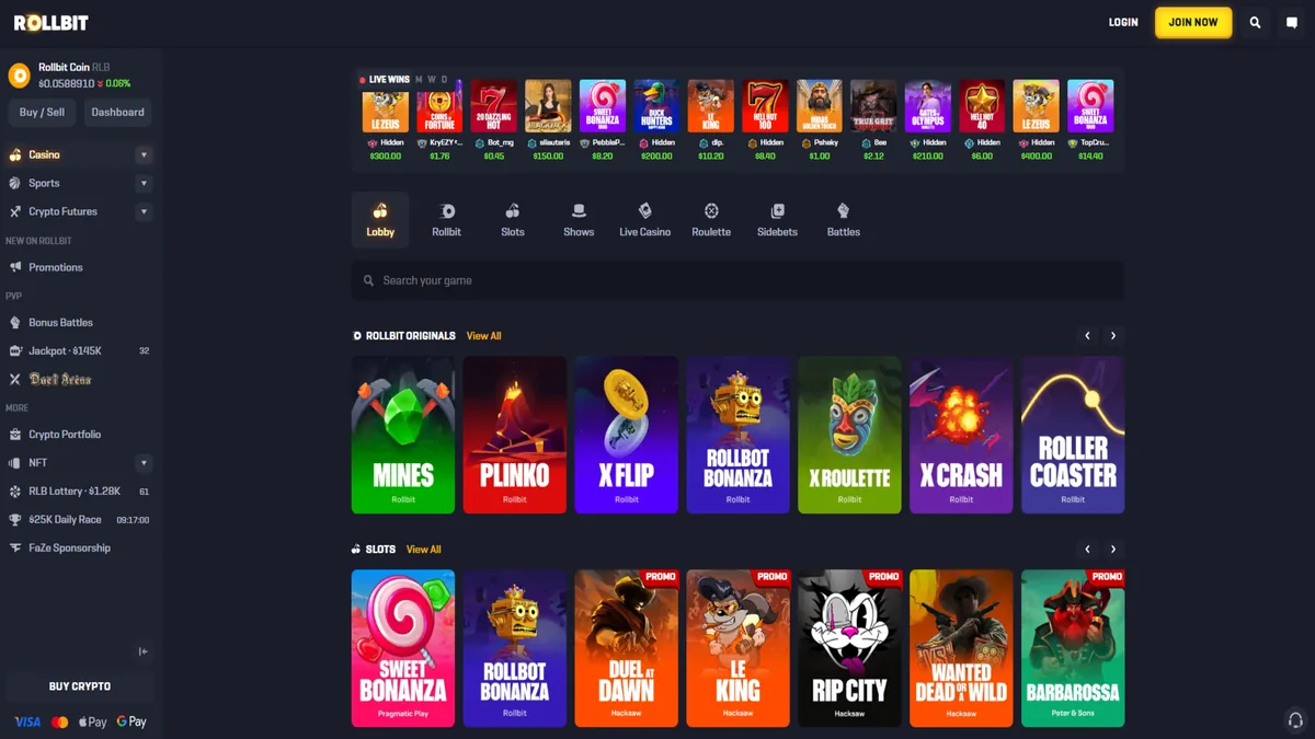 Screenshot of the Rollbit crypto casino homepage.