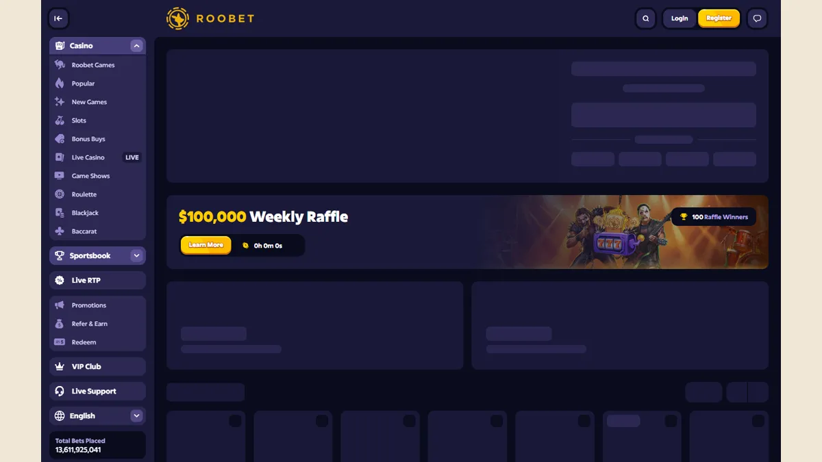 Screenshot of the Roobet crypto casino homepage.