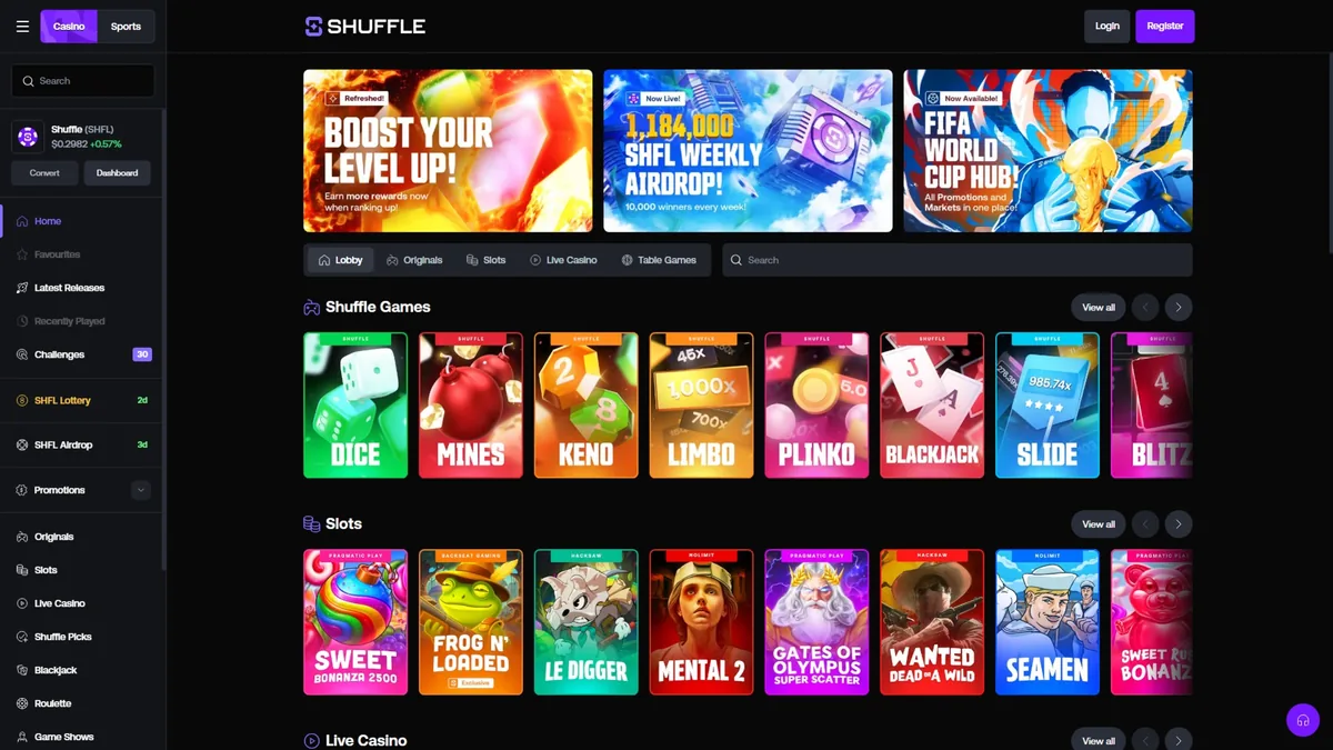 Screenshot of the Shuffle crypto casino homepage.
