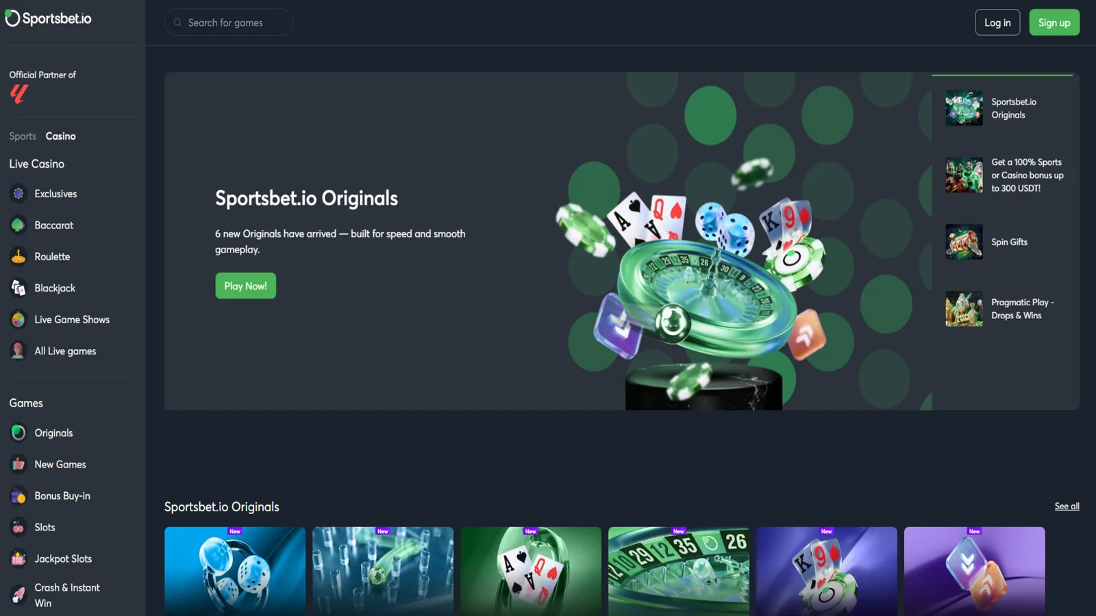 Screenshot of the Sportsbet.io crypto casino homepage, 2026. Source: operator website.