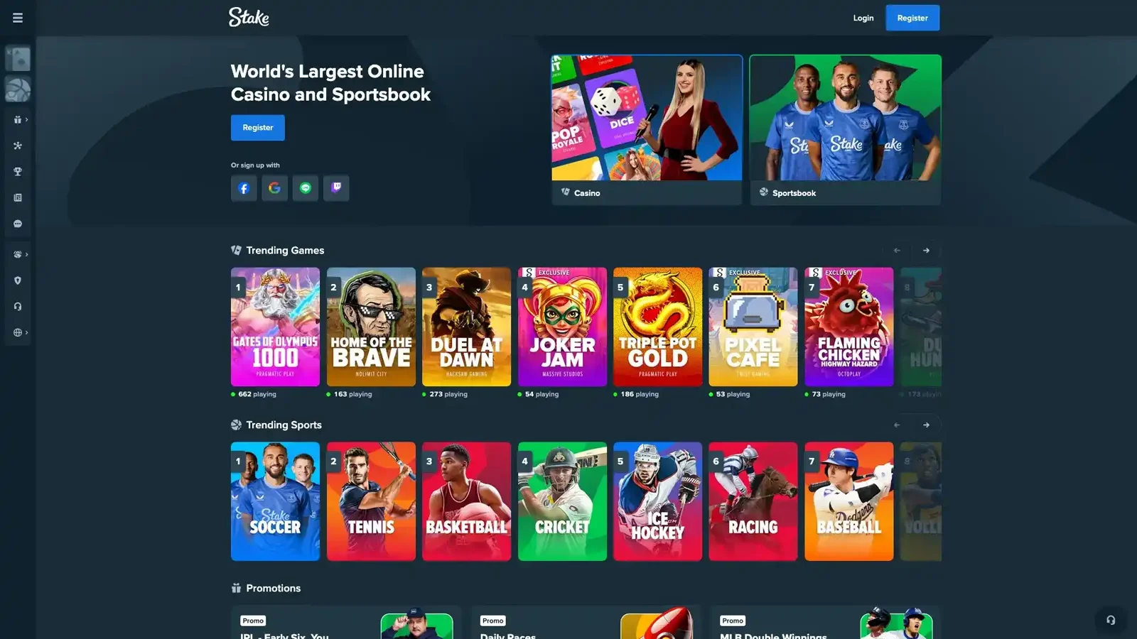 Screenshot of the Stake crypto casino homepage, 2026. Source: operator website.