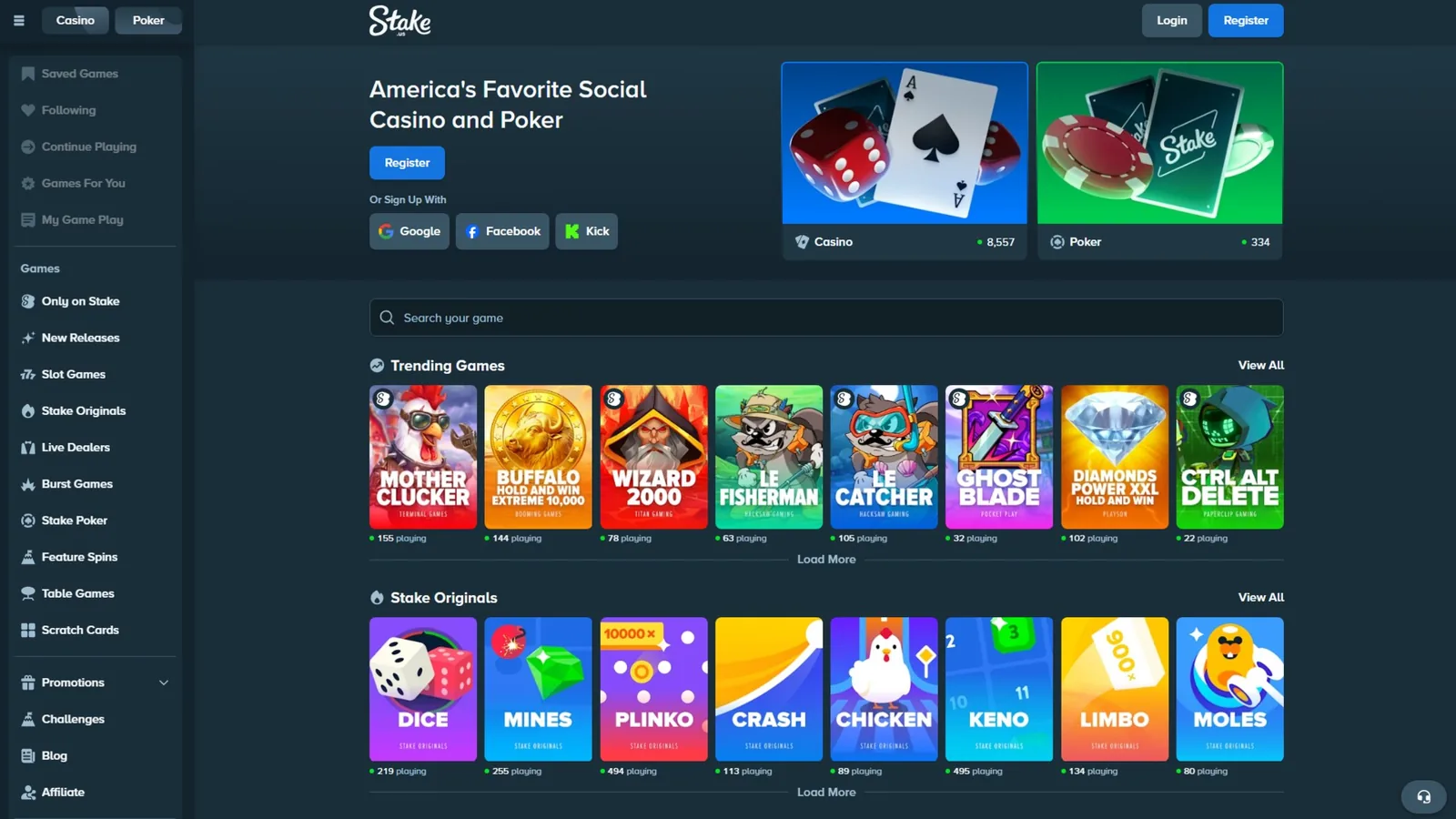Screenshot of the Stake.us crypto casino homepage, 2026. Source: operator website.