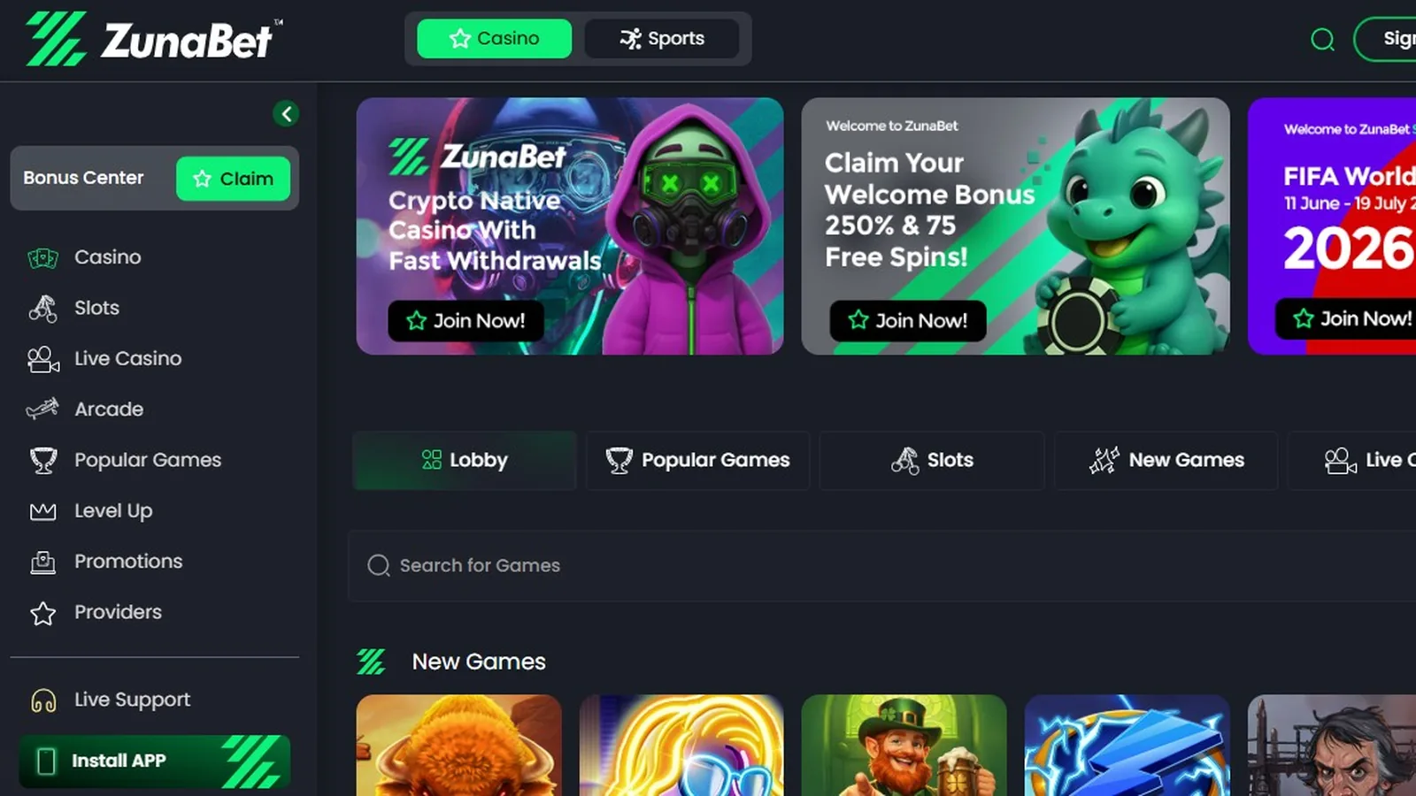 Screenshot of the ZunaBet crypto casino homepage, 2026. Source: operator website.